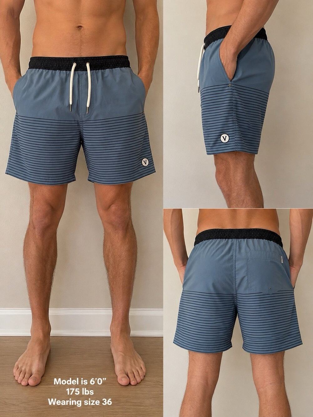 Vuori Men’s Striped Swim Trunks – Blue Gray/Black – LinedVuori Size 36